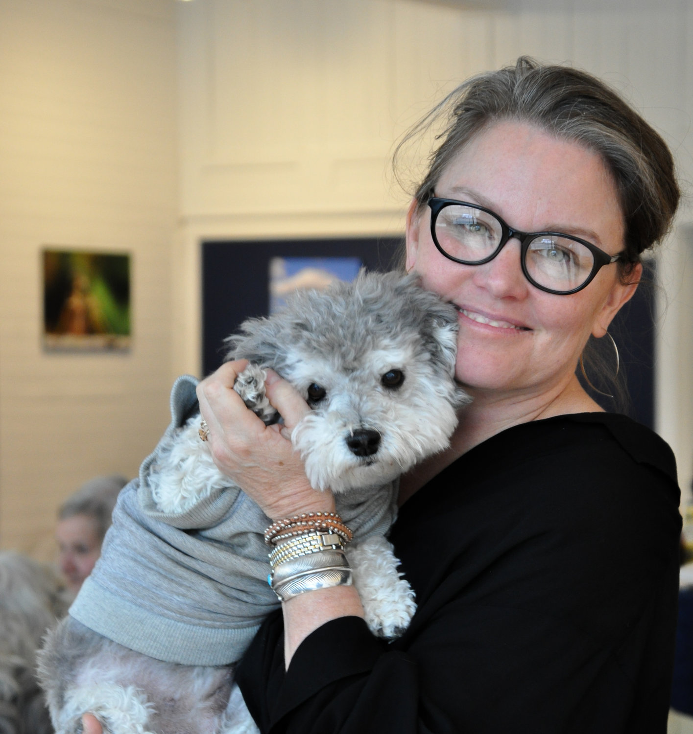 Hurleyville Performing Arts Centre executive director Erin Dudley really wanted to pose with Dharma the Wonder Dog. She was attending the opening of my new exhibit at Gallery 222 last Saturday. As you can see, Dharma was less than thrilled.